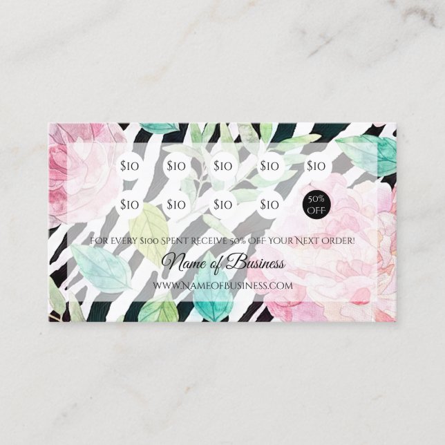 Carte De Fidélité Chic Zebra Imprimer Rose Floral Loyauté Rewards (Devant)