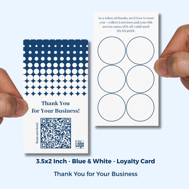 Carte De Fidélité Code QR Merci - Bleu blanc Petite entreprise (Thank You QR Code - White Blue Small Business Loyalty Card; Size: 3.5x2 Inch)