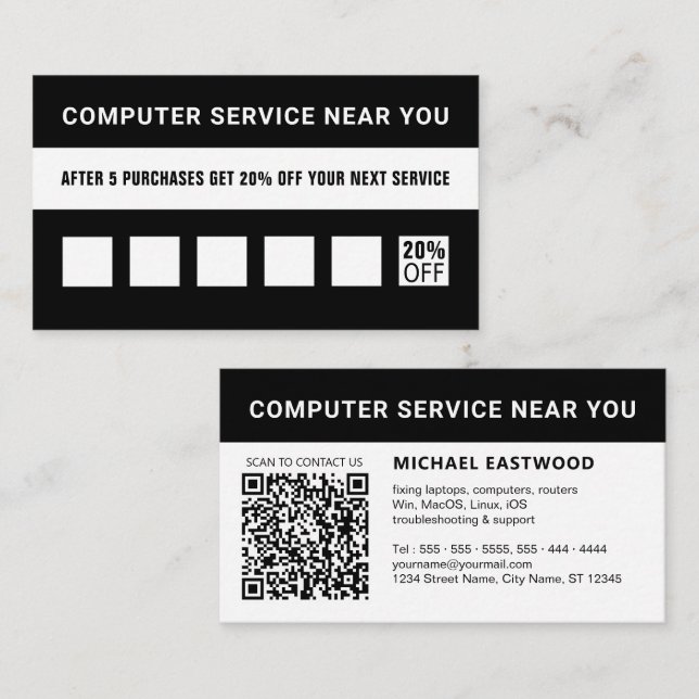 Carte De Fidélité Code QR professionnel simple noir et blanc (Devant / Derrière)