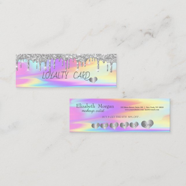 Carte De Fidélité Coeurs de Parties scintillant cool argent, Hologra (Devant / Derrière)