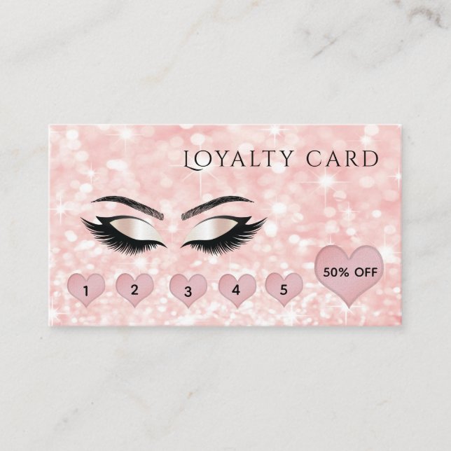 Carte De Fidélité Coeurs rose pâle étincelants cils de maquillage (Devant)