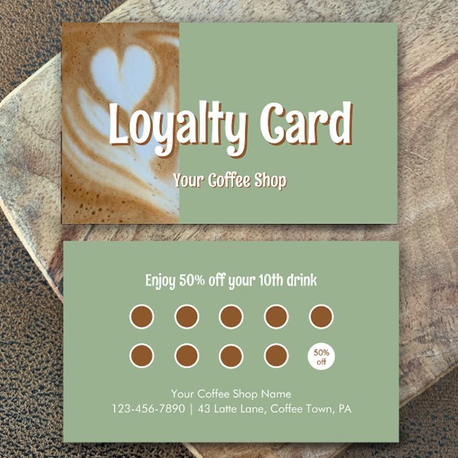 Carte De Fidélité Custom Modern Eucalyptus Coffee Cafe Customer (Add your own words to this coffee shop loyalty card template. Eucalyptus green and modern script.
)