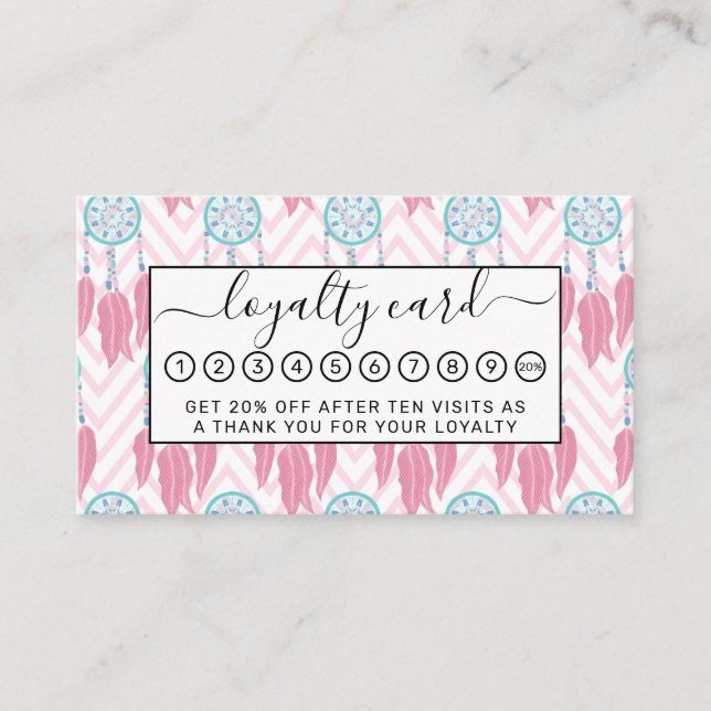 Carte De Fidélité Dreamcatcher Bohème Turquoise Pink perlé Chevron (Devant)