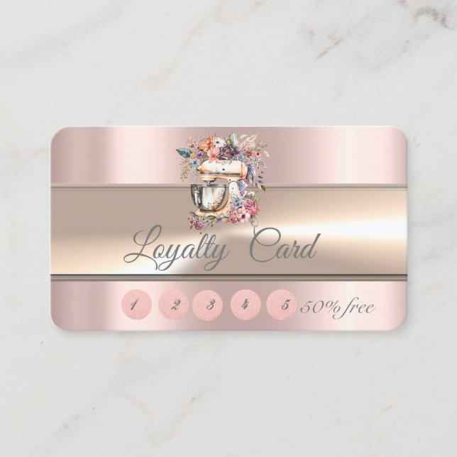 Carte De Fidélité Élégant Rose de boulangerie à rayures or mélangeur (Devant)