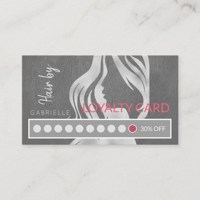 Carte De Fidélité Elégant Silver Grey Cuir Look Hair Salon Punch (Devant)