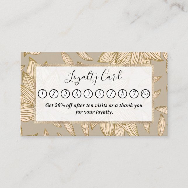 Carte De Fidélité Elégant Taupe Gold Parties scintillant Floral Line (Devant)