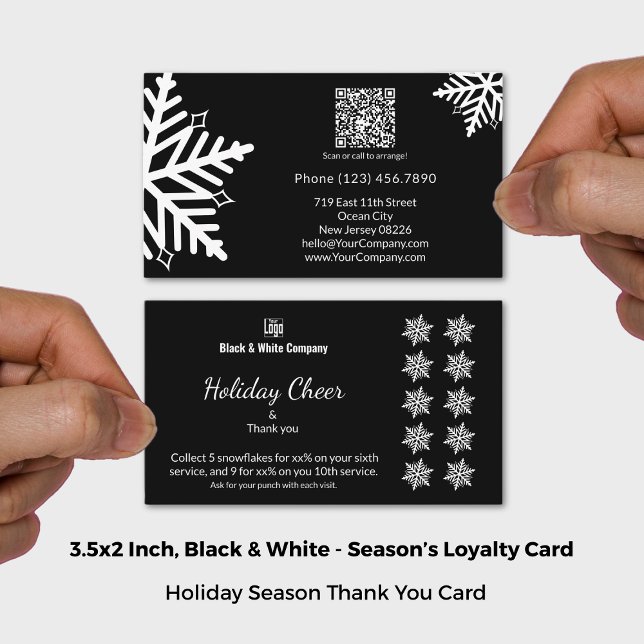Carte De Fidélité Flocon de neige Noir & Blanc Vacances Merci & Punc (Snowflake Black & White Holiday Thank you & Punch Loyalty Card; Size 3.5x2 Inch (US))