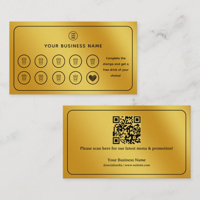 Carte De Fidélité Gold Coffee Cup QR Code Ajouter votre logo (Devant / Derrière)