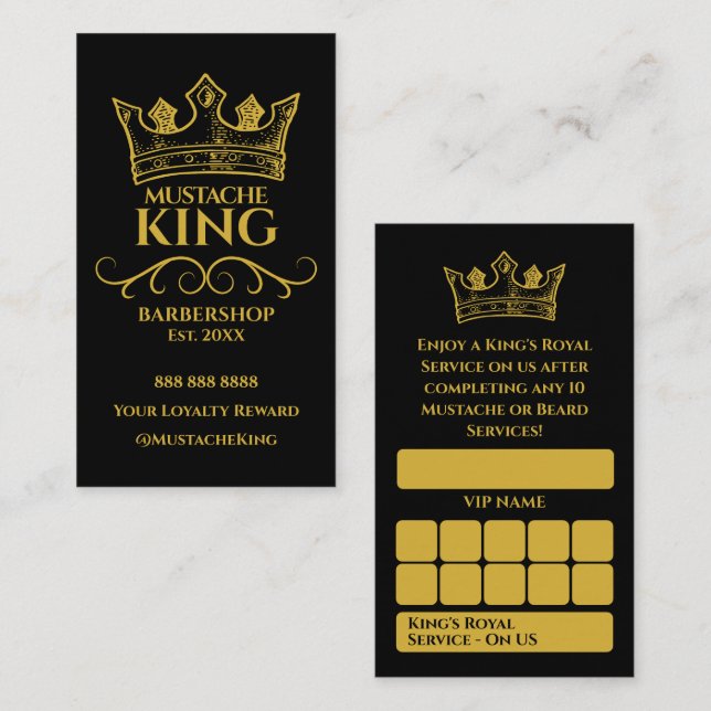 Carte De Fidélité Gold Crown King Mustache Barbershop Reward (Devant / Derrière)