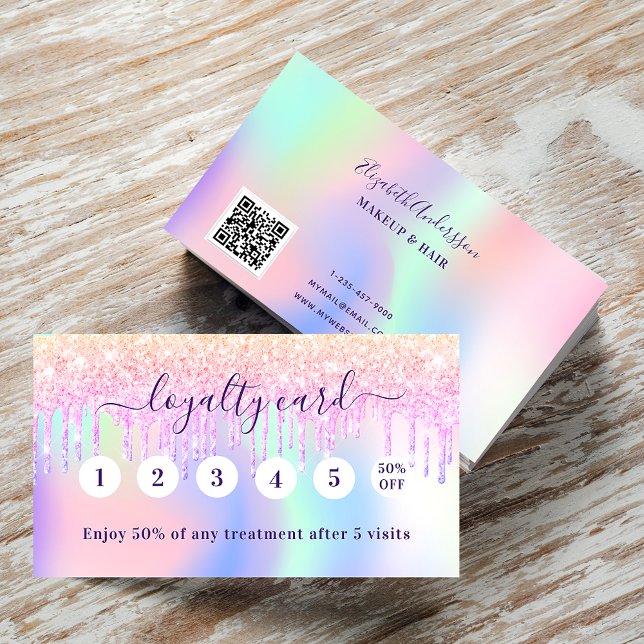 Carte De Fidélité Holographe rose pourpre gouttes code qr (Créateur téléchargé)