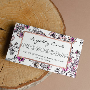 Carte De Fidélité Illustration florale blanche noire violette rose