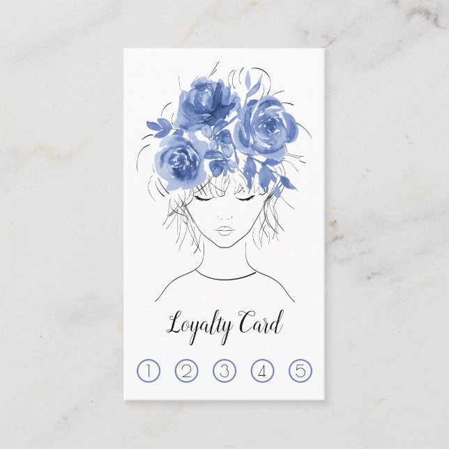 Carte De Fidélité Jolie jolie fille à l'aquarelle bleue rose-Floral (Devant)