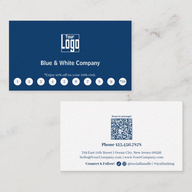 Carte De Fidélité Logo bleu et blanc classique Médias sociaux Code Q (Devant / Derrière)