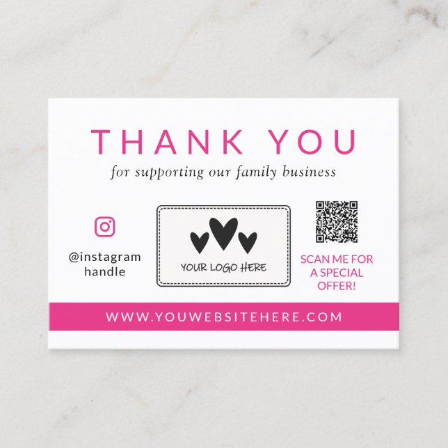 Carte De Fidélité Logo de médias sociaux rose chaud QR Code Merci (Devant)