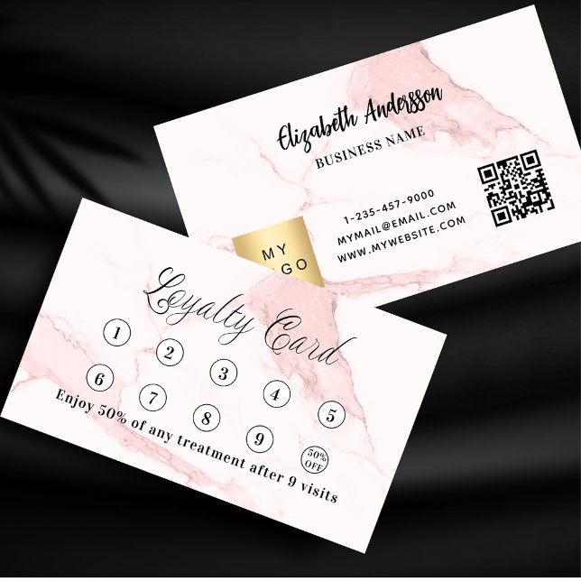 Carte De Fidélité Marbre rose qr code logo de l'entreprise (Créateur téléchargé)