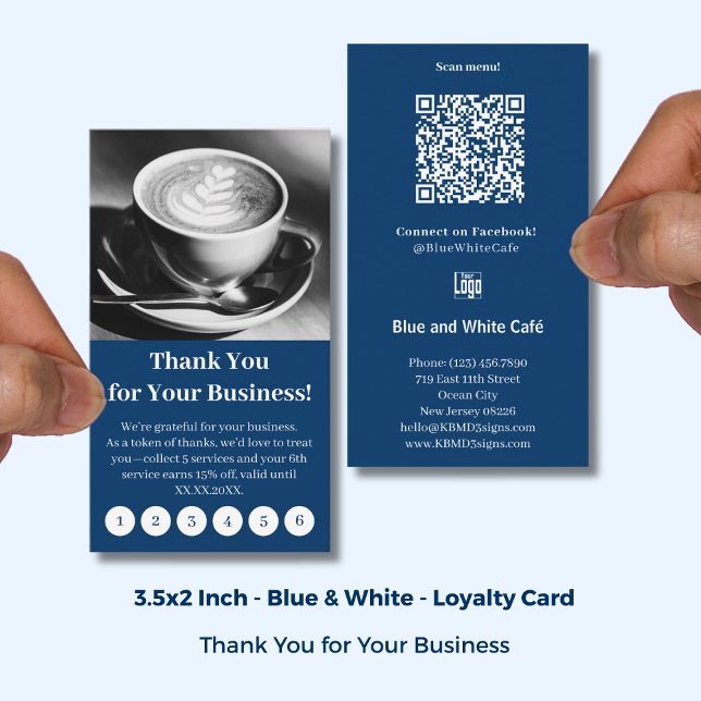 Carte De Fidélité Modern Blue & White Cafe with Logo Thank You Punch (Modern Blue & White Cafe with Logo Thank You Punch Loyalty Card; Size: 3.5x2 Inch, Portrait Format)