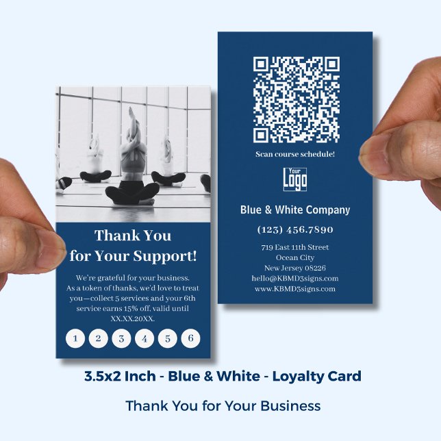 Carte De Fidélité Modern Blue & White with Logo Thank You Punch (Modern Blue & White with Logo Thank You Punch Loyalty Card; Standard US Size 3.5x2 Inch)