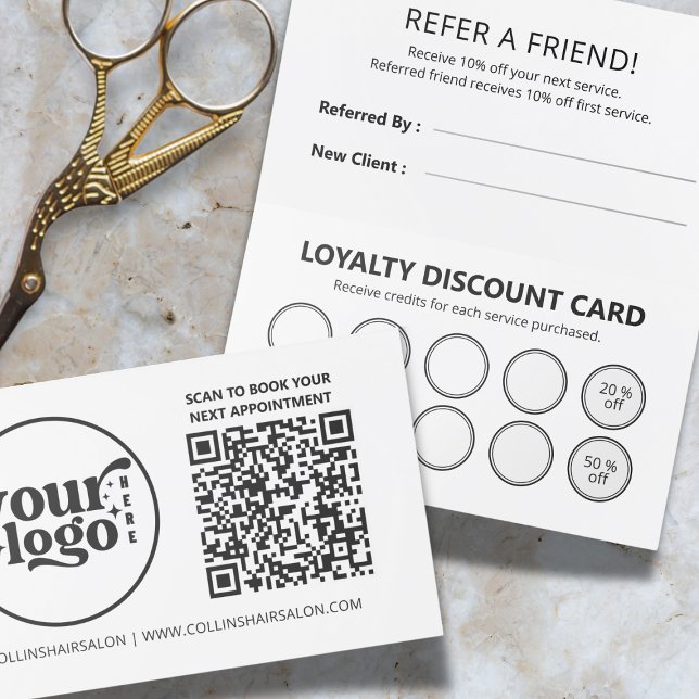 Carte De Fidélité Moderne minimaliste noir blanc réf QR Code Salon (Modern Minimalist Black White Refer QR Code Salon Loyalty Card)