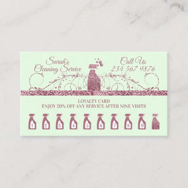 Carte De Fidélité Nettoyage Maid Janitorial étincelant Ménage vert (Devant)