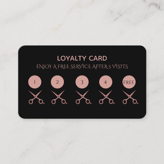 Carte De Fidélité Noir simple avec des ciseaux roses d'or (Devant)