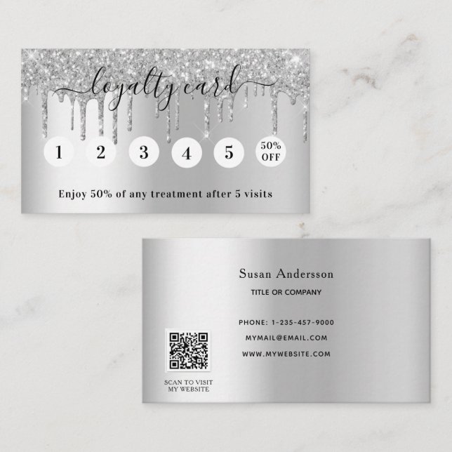 Carte De Fidélité Parties scintillant de code QR argent goutte éléga (Devant / Derrière)