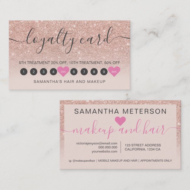 Carte De Fidélité parties scintillant en or rose  ombre de maquillag (Devant / Derrière)