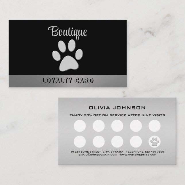 Carte De Fidélité Paw Chien Argent sur arrière - plan noir (Devant / Derrière)