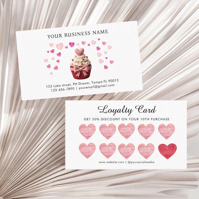 Carte De Fidélité Pink Faux Crochet Heart Cupcake Bakery  (Pink and red Faux crochet valentine cupcakes bakery loyalty card)