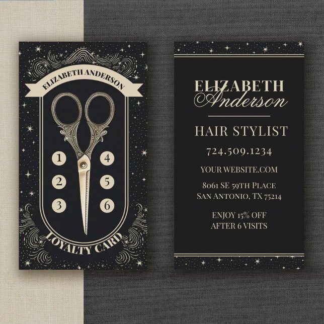 Carte De Fidélité Professional Hair Stylist Beauty Salon (An elegant vintage scissors hair stylist loyalty card. Personalize it with your information.)