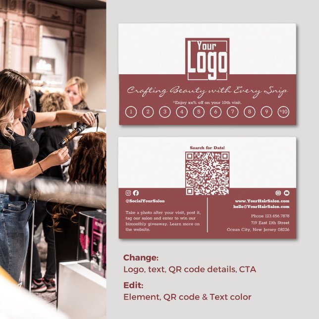 Carte de fidélité QR-Code double couleur design sa (QR-Code Dual-Color Design Hair Salon Loyalty Card)