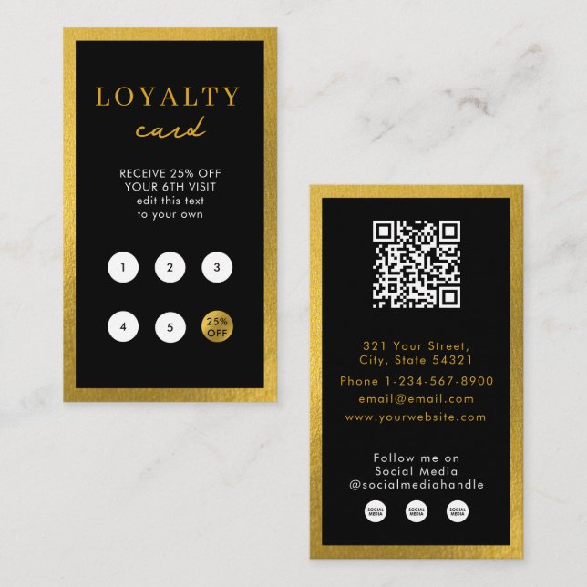 Carte de Fidélité QR Code Simple Affaires Or Noir  (Devant / Derrière)