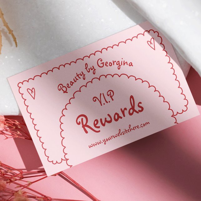Carte De Fidélité Retro Girly rouge main rose tiré Whimsical Boho (girly pink and red whimsical style business loyalty cards)