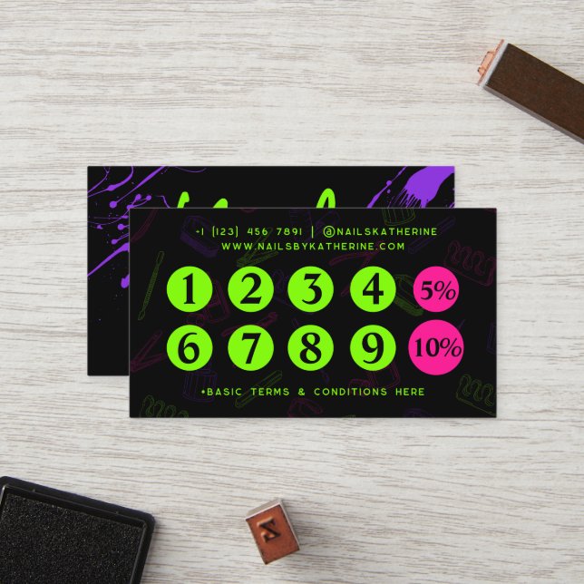 Carte De Fidélité Salon professionnel vert néon pourpre ongles ongle (Devant/Arrière en situation)