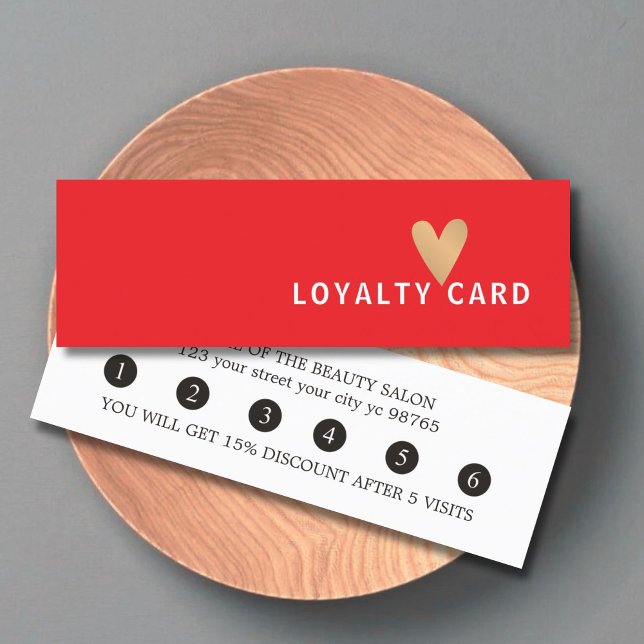 Carte De Fidélité Simple Elegant Red White Faux Gold Heart (Créateur téléchargé)