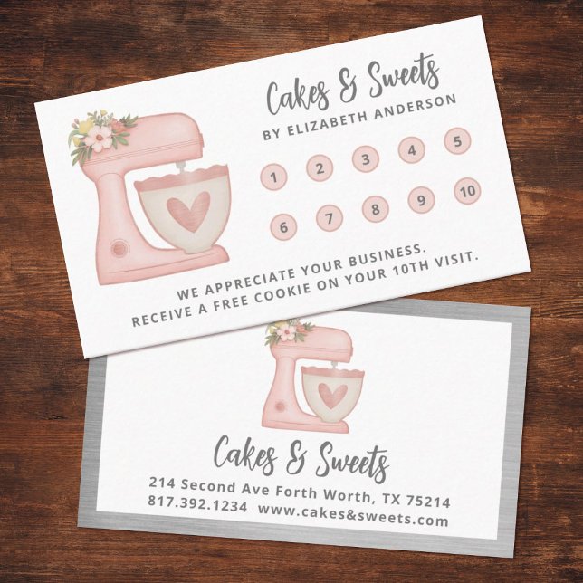Carte De Fidélité Simple Mélangeur Floral Boulangerie (cute pink mixer loyalty punch card. Personalize it for your business.)