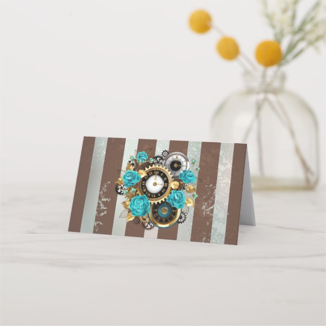 Carte De Fidélité Steampunk Clock and Turquoise Roses on Striped (Devant)