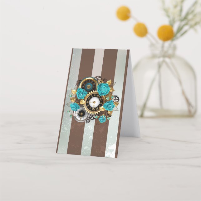 Carte De Fidélité Steampunk Clock and Turquoise Roses on Striped (Dos)