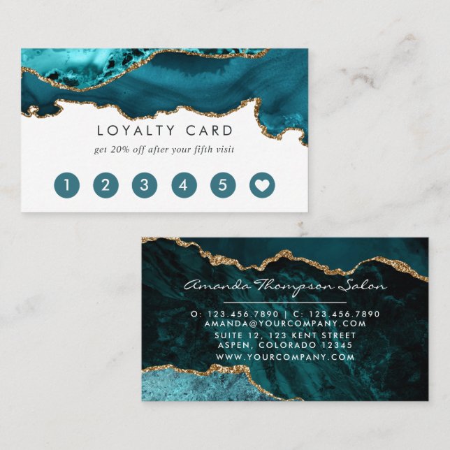 Carte De Fidélité Turquoise - Agate Turquoise et Or (Devant / Derrière)