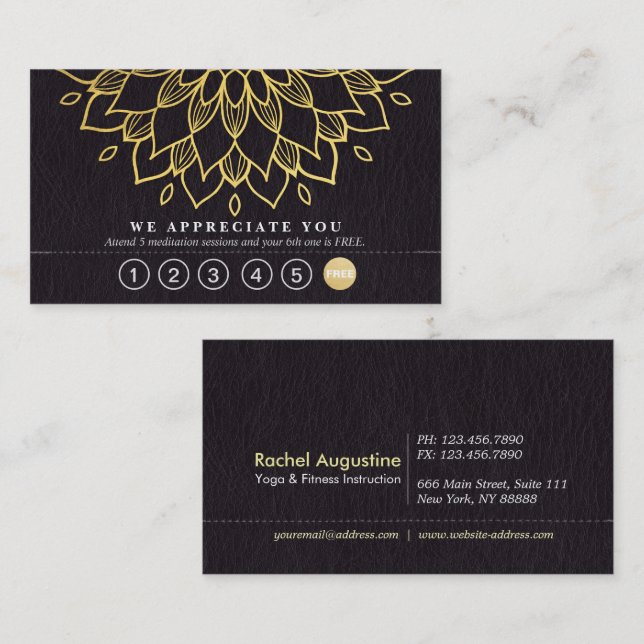 Carte De Fidélité Yoga Loyauté 6 Punch Gold Mandala & Cuir noir (Devant / Derrière)