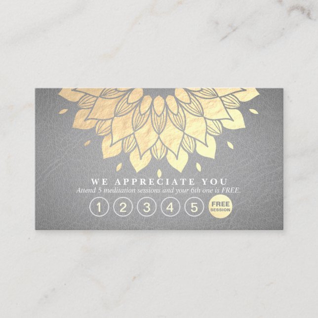 Carte De Fidélité Yoga Loyauté 6 Punch Or Mandala Gris Cuir (Devant)