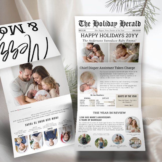 Carte De Fin D'année Trois Volets Année en revue Journal Famille Bébé Arc Photos (family christmas card baby announcement newspaper year in review trifold photo collage merry bright)