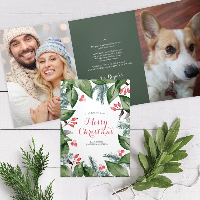 Carte De Fin D'année Trois Volets Année En Revue Joyeuse Carte de Noël (Christmas Card tri-fold card photo Year In Review Botanical pet)
