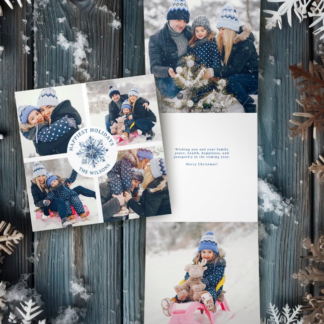 Carte De Fin D'année Trois Volets Aquarelle Crystal Blue Snowflake Multiphoto (Créateur téléchargé)