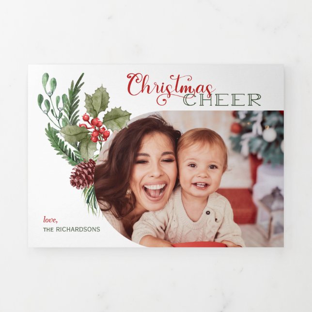 Carte De Fin D'année Trois Volets Arc moderne Floral Noël Cheval Script Photo (Page de couverture)