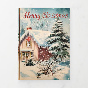 Carte De Fin D'année Trois Volets Cabanes de Noël à l'aquarelle vintage
