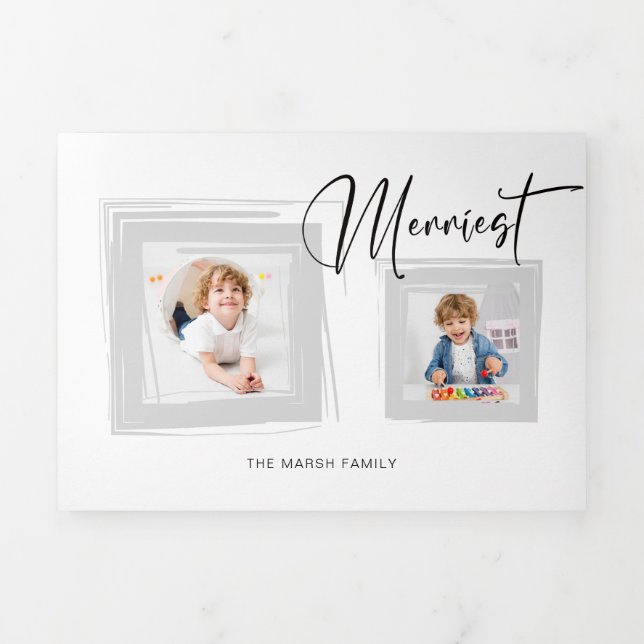 Carte De Fin D'année Trois Volets Calligraphie moderne / Photo en gris brosse (Page de couverture)