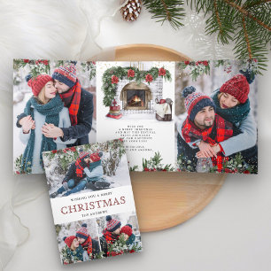 Carte De Fin D'année Trois Volets Cheminée florale de Noël aux poinsettias Photo