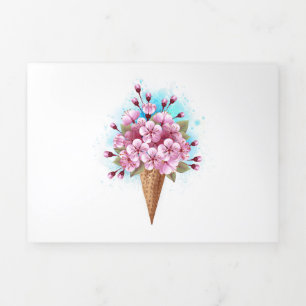 Carte De Fin D'année Trois Volets Cône rose Sakura crème glacée gaufre