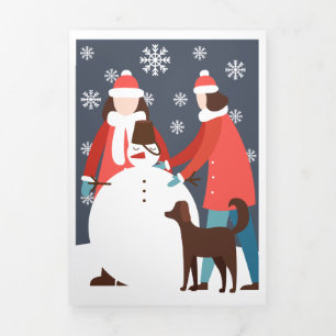 Carte De Fin D'année Trois Volets Couple Lesbienne Noël Chien Bonhomme de Neige Pers