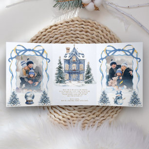 Carte De Fin D'année Trois Volets Douce Coquette Bleue à Nœud Papillon Noël Wonderla